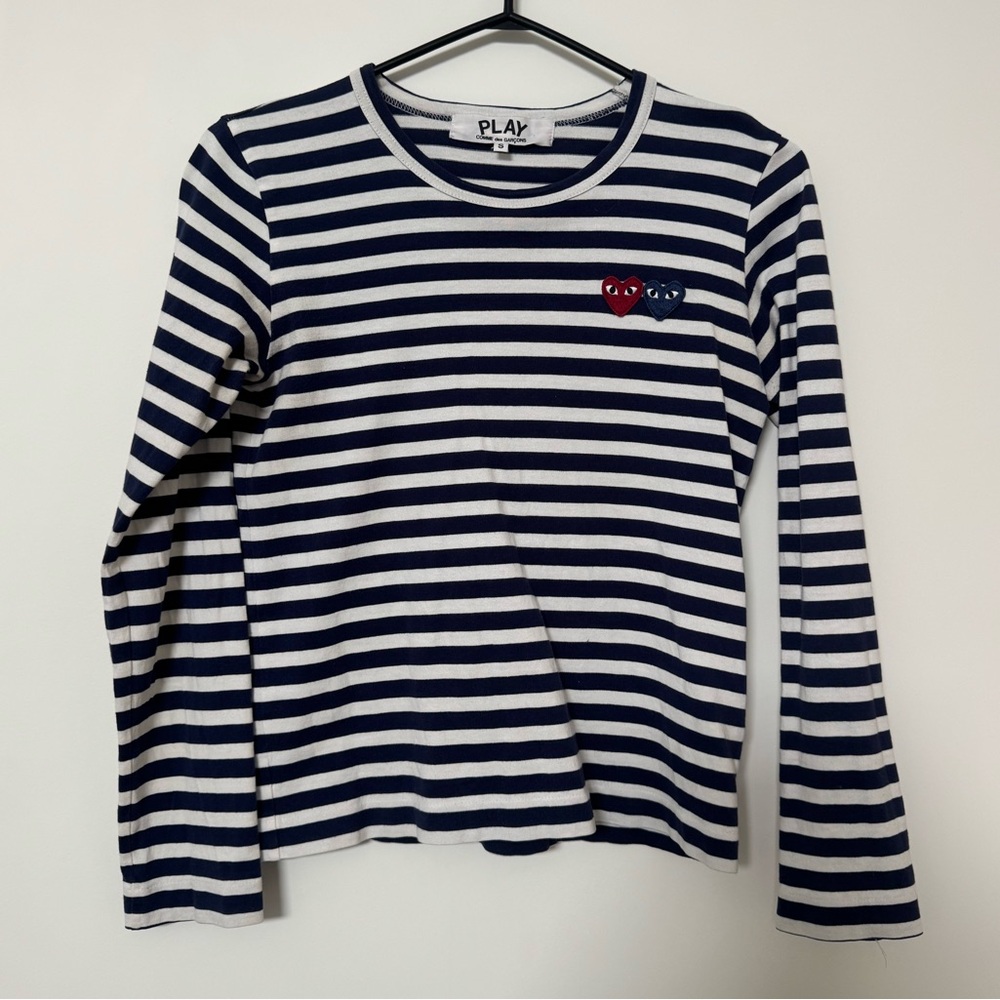 Comme Des Garçons PLAY heart-patch striped cotton long sleeve shirt size S